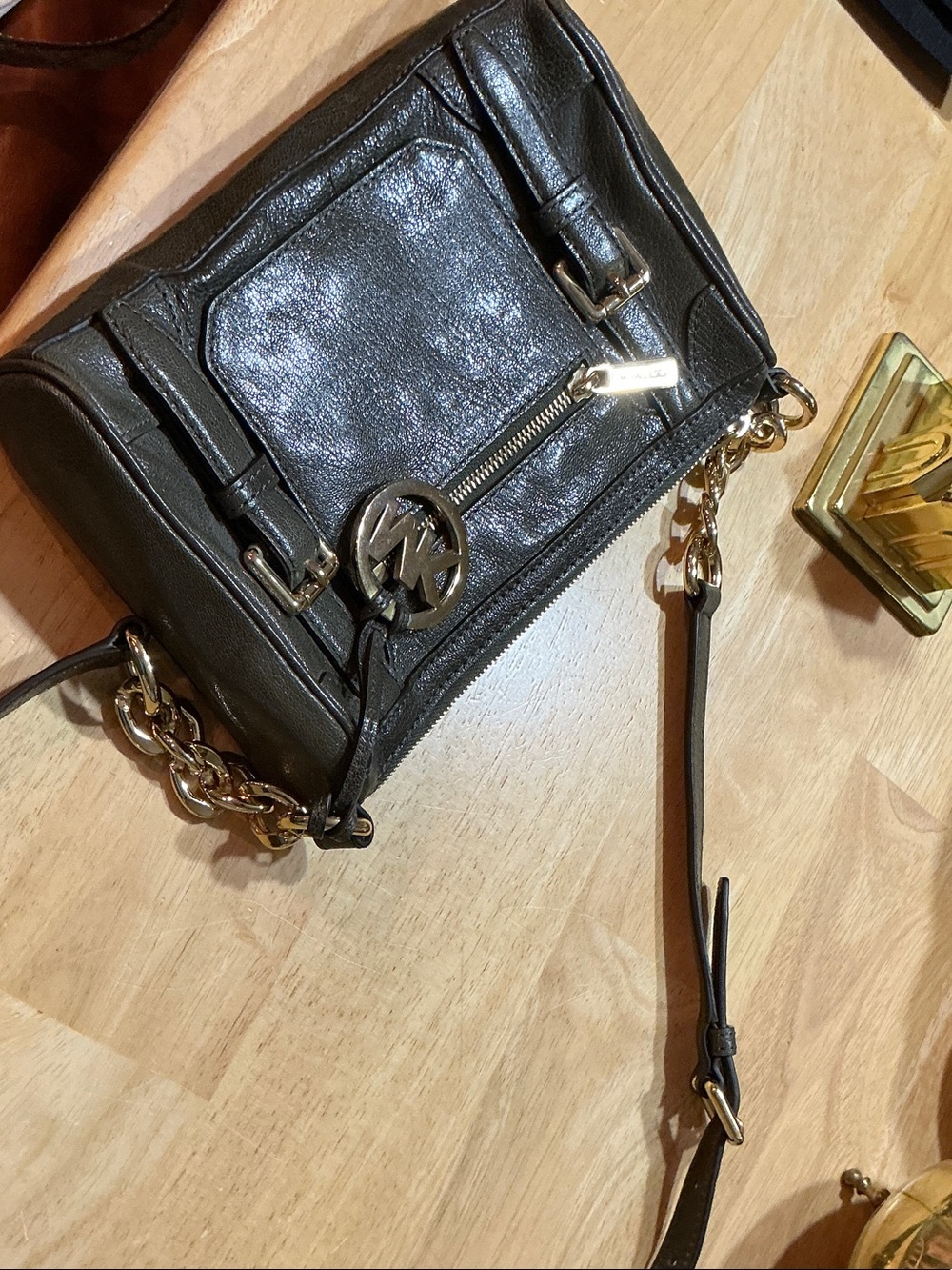 Michael Kors Dark Olive Leather Crossbody with Gold Chain Trim